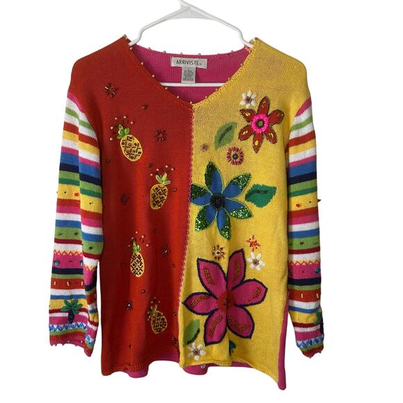 Vintage Arriviste Multicolor Floral Tropical Pineapple Beaded Sequin Top L - Picture 1 of 8
